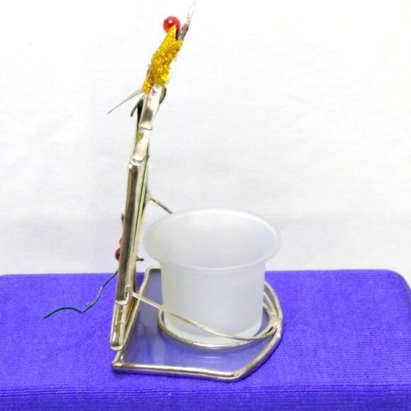 Stained Glass Snowman Climbing Christmas Tree Votive Holder Silver Plate Vintage - Picture 2 of 10